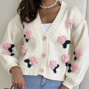 SHEIN white with pink floral accent cardigan